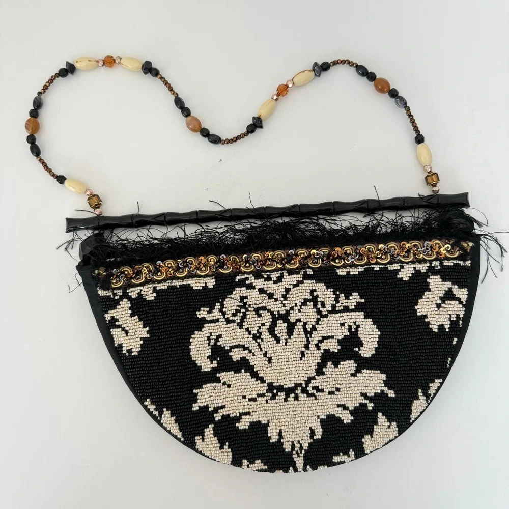 Mary Frances Fully Beaded Semi-Circle Clutch Bag Feather Trim Wood Handle - Picture 3 of 12